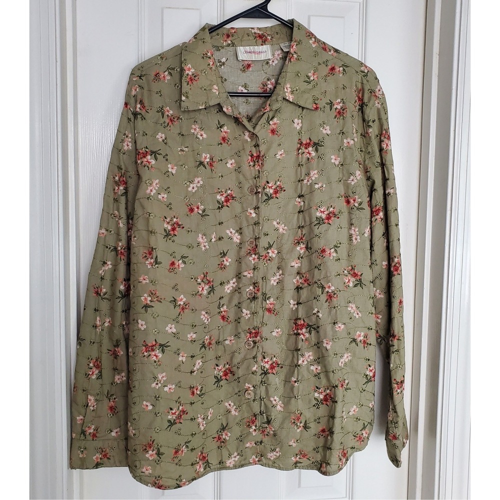 Lemon Grass Sage Green Floral Embroidered 100%‎ Cotton Button Down Shirt